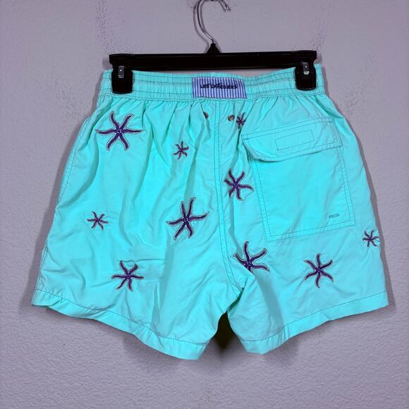 Les Canebiers Mens Small Allover Star Starfish Court Swim Shorts Mint Drawstring - Picture 2 of 8